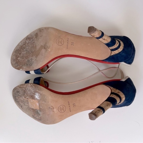 CHANEL Multicolor Suede CC Bow Cork Heel Ankle Strap Sandals Size 39 - Picture 4 of 9